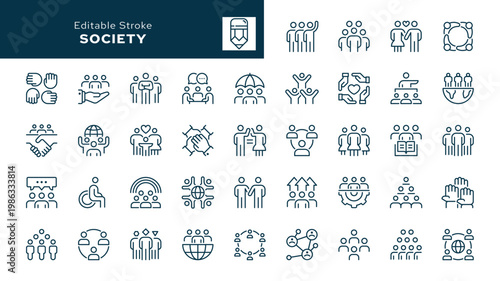 Society. Set of outline icons. Social group, people, communication, human community, interaction, unification and more. Line icon in linear style. Vector collection	