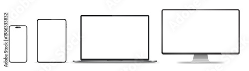 Realistic set of monitor, laptop, tablet, smartphone. Stock royalty free. AI / EPS / PNG / JPEG