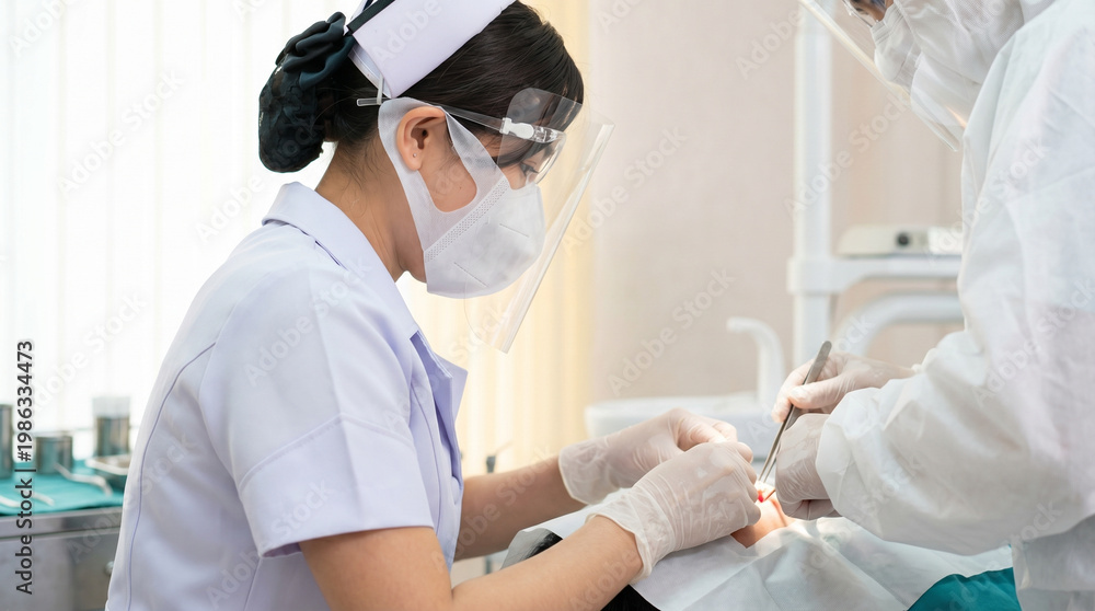 Naklejka premium Dental team wearing face shields and protective masks treating a patient in a modern dental clinic.
