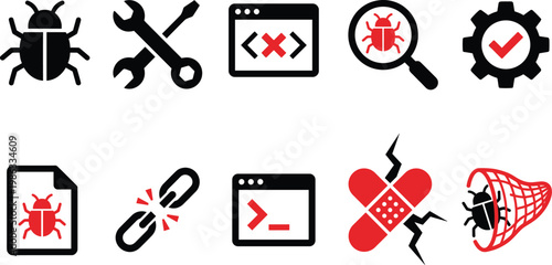 Bug fixing icons set, debugging, error code, malware detection, software repair, cybersecurity, virus removal, programming, development, vector illustration, flat design