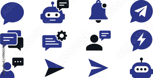 Chatbot messaging icon set communication notification AI chat UI flat vector illustration modern digital app interface collection pack design