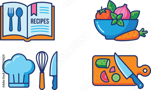 Cooking food icon set featuring recipe book vegetables chef tools kitchen utensils cutting board modern colorful vector illustration for culinary design