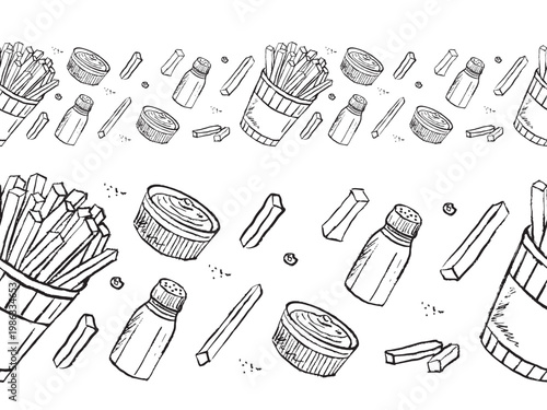 Hand drawn seamless fast food pattern border with fries, salt shakers, and sauce cups. Ideal for wallpaper, wrapping, or design projects. Vector sketch illustration in vintage doodle crayon charcoal.