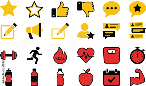 Fitness social icon set health workout feedback rating UI flat vector illustration modern gym lifestyle app interface collection pack design
