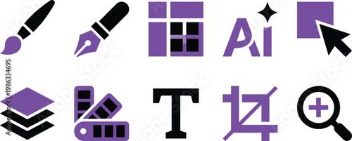 Graphic design icons set, creative tools, brush, pen tool, typography, color palette, UI elements, vector illustration, flat design, modern style