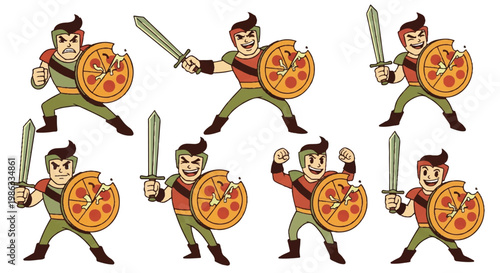 Cartoon pizza warrior characters in action poses
