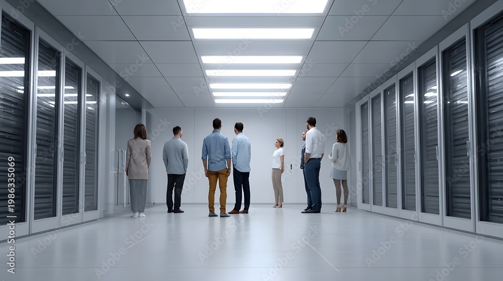 Fototapeta premium A diverse group of professionals discusses technology within the expansive highly structured environment of a modern data center server room