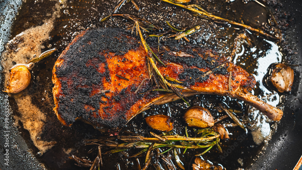 Fototapeta premium Pork cutlet searing in a pan with garlic and rosemary, steam rising. Crispy golden crust and juicy interior highlight a rich cooking process and gourmet meat concept.
