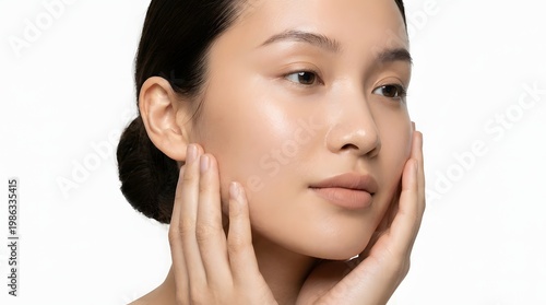 A close-up beauty studio portrait of a young woman with flawless smooth skin