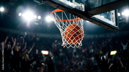 A dramatic sports photo of a basketball going cleanly through the hoop at a packed indoor arena