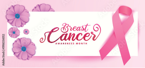 Breast cancer awareness campaign with pink ribbon and floral elements