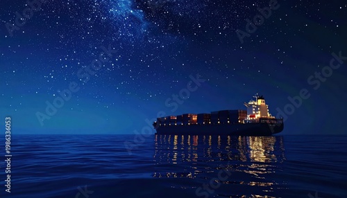 Cargo Ship Sailing Under a Starry Night Sky Over Calm Ocean Waters.