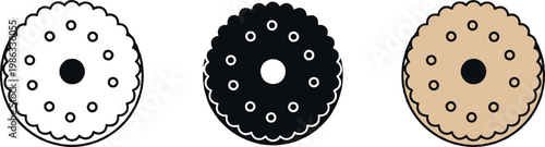 Round Cracker Biscuit Icon Set in Outline, Black Silhouette, and Color Styles for Food, Snack, Bakery, and Menu Graphic Design Projects