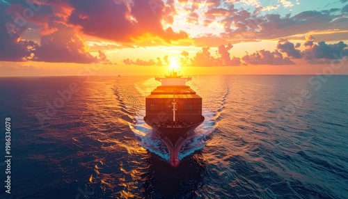Cargo Ship Sailing Towards a Vibrant Sunset Over the Ocean.