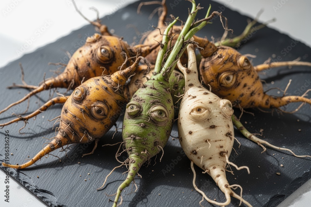 Fototapeta premium Root vegetables with knobby facelike growths arranged on dark slate surface