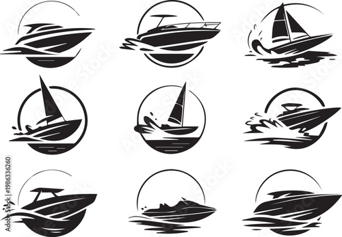 Dynamic collection of nautical vessel silhouettes featuring motorboats and sailboats within circular frames cruising over ocean waves