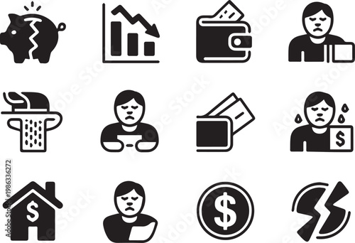 Economic crisis and financial failure icon set displaying broken piggy banks and declining charts with stressed people for business news