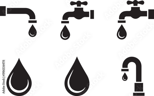 Set of black water tap and water drop icons on white background