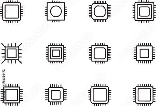 Set of computer chip icons with square and circle shapes representing hardware technology data processing and silicon microcircuitry