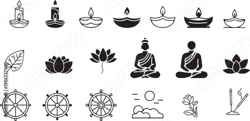 Buddha purnima black and white line art vector icon set buddhist symbols lotus dharma wheel meditation icons pack
