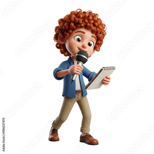 Cartoon boy holding microphone and notepad while reporting news  
