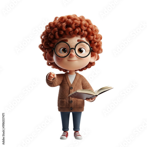 Cartoon boy reading a book and smiling while standing indoors  