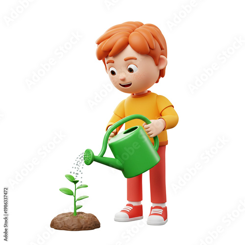 Young boy watering a small plant with a green watering can  