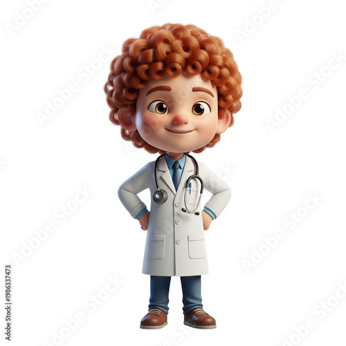 Young male doctor with curly hair smiling in a lab coat  