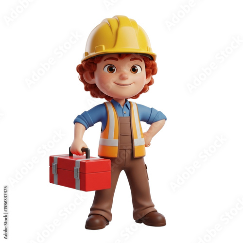 Cartoon boy wearing a hard hat and holding a toolbox  