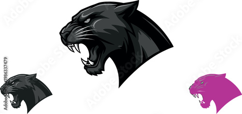 Roaring Panther Head Mascot Logo Set in Black, Gray, and Pink Color Styles for Sports Team, Athletic Club, and Aggressive Animal Graphic Design Projects