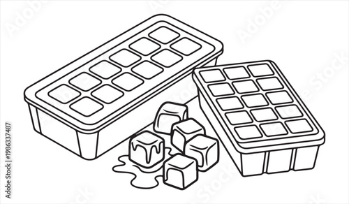 Ice cube tray with frozen cubes and melting water sketch illustration