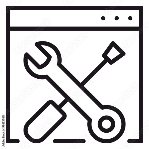 Minimalist black line vector icon illustration of a web browser window with a crossed wrench and screwdriver, symbolizing website maintenance, technical support, software development, and setup.