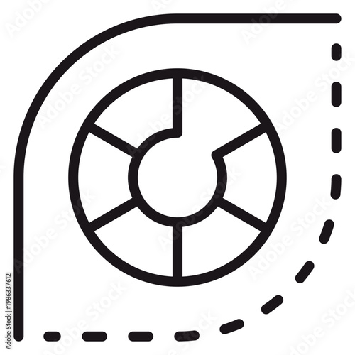 Obraz na płótnie Minimalist black line art vector icon of a circular donut chart or sunburst graph enclosed within a leaf-shaped frame with a dashed border, symbolizing business data analysis and growth metrics