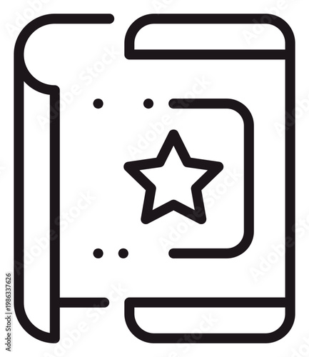 Obraz na plátně Minimalist black vector icon of an unrolled scroll or map featuring a central star and dotted lines, ideal for representing favorite locations, treasure maps, or important documents