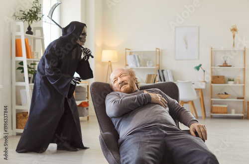 Quadro su tela Senior man suffers a heart attack with grim reaper wielding a scythe visiting at home, focusing on disease and death in a personal setting with a sense of pain and chilling finality in the moment