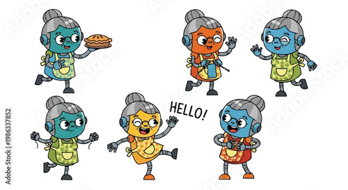 Robotic grandmothers cartoon characters illustration