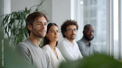 A diverse group of professionals discussing strategy and future goals in a bright modern office setting