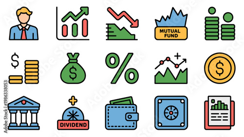 Investment & Finance Solid Icon Set  Stocks, Assets, Profit & Risk Management Collection
