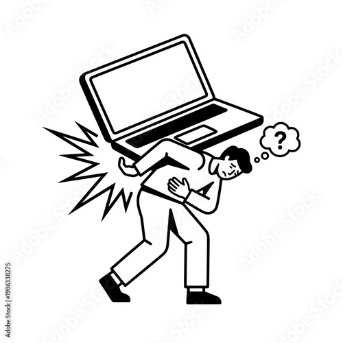 man carrying heavy laptop with back pain line drawing illustration vector clipart black and white