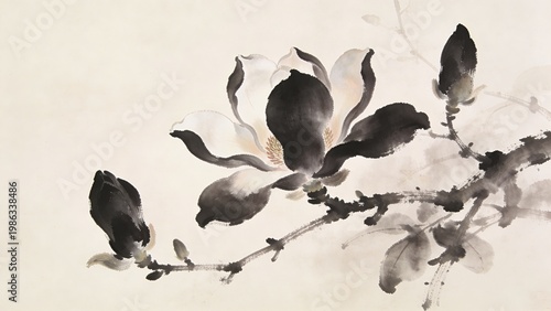 Blooming Magnolia Branch with Soft Petals Rising from Expressive Dark Ink for Timeless Botanical Art