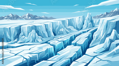 View of glaciers and frozen landscape with cracks under a clear sky and distant mountains in the background