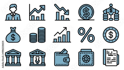 Investment & Finance Solid Icon Set  Stocks, Assets, Profit & Risk Management Collection