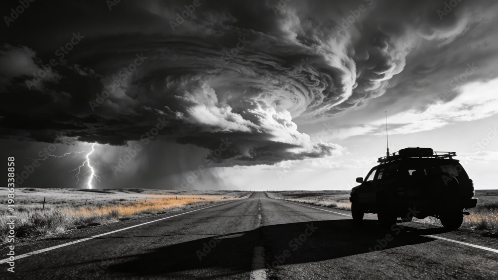 Fototapeta premium Storm chaser vehicle silhouetted on empty prairie road beneath supercell sky with cinematic weather tension