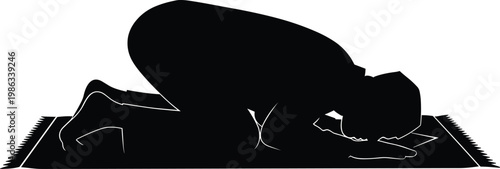 Man praying on prayer mat in sujood position black silhouette isolated on white background