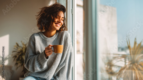 Woman drinking coffee and smiling at window, morning lifestyle scene, bright soft light, large copy space