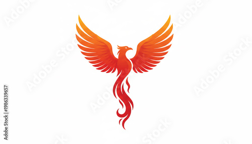 Phoenix bird logo icon with fiery wings and orange red gradient flame tail on white background featuring fire, burning, fantasy with legend and