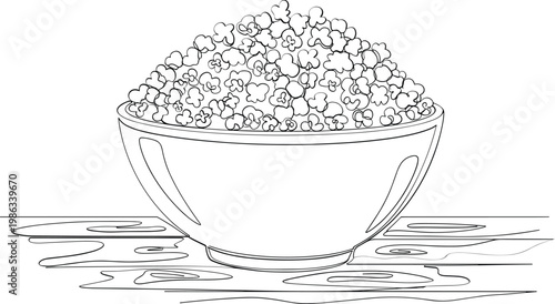 Outline drawing of popcorn in large bowl on wooden table, snack food illustration, line art style