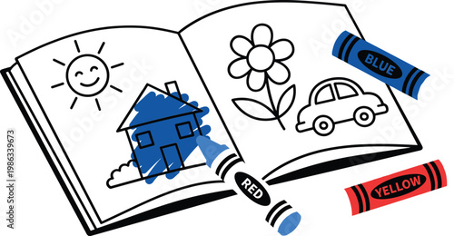 Open coloring book with house, sun, flower, car and crayons on white background, kid activities