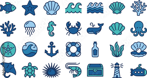 Ocean and sea life icons set for marine animals and underwater world symbols nautical theme collection