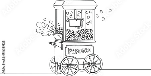 Retro popcorn machine cart line drawing illustration for snack food carnival and cinema concession
